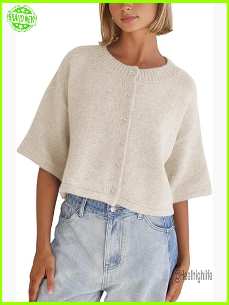Lightweight Cropped Cardigan, Button Front, 3/4 Sleeve, Loose Fit